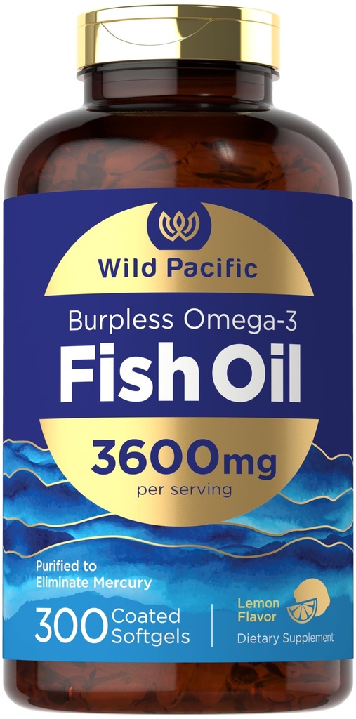 Carlyle Burpless Fish Oil 3600 mg Signature 124; 300 Softgels Signature 124; with Omega-3 Fatty Acids Signature 124; Lemon Flavor Signature 124; Non-GMO, Gluten Free Supplement Signature 124; by Wild Pacific