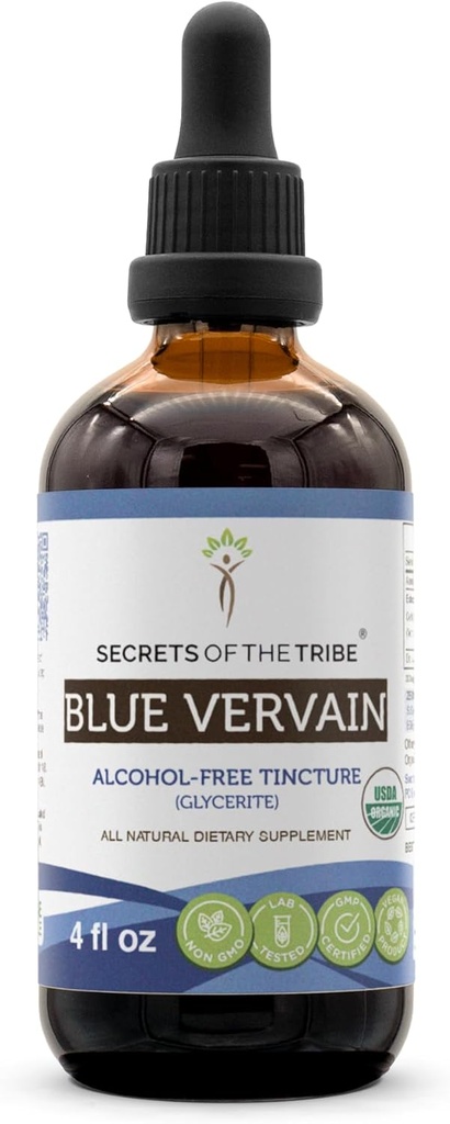 Secrets of the Tribe Blue Vervain USDA Organic Equipment 124; Alcohol- Free Extract, High- Pottency Herbal Drops Description 124; Made from 100% Certified Organic Blue Vervain (Verbena Hastata) Dried Herb (4 oz)
