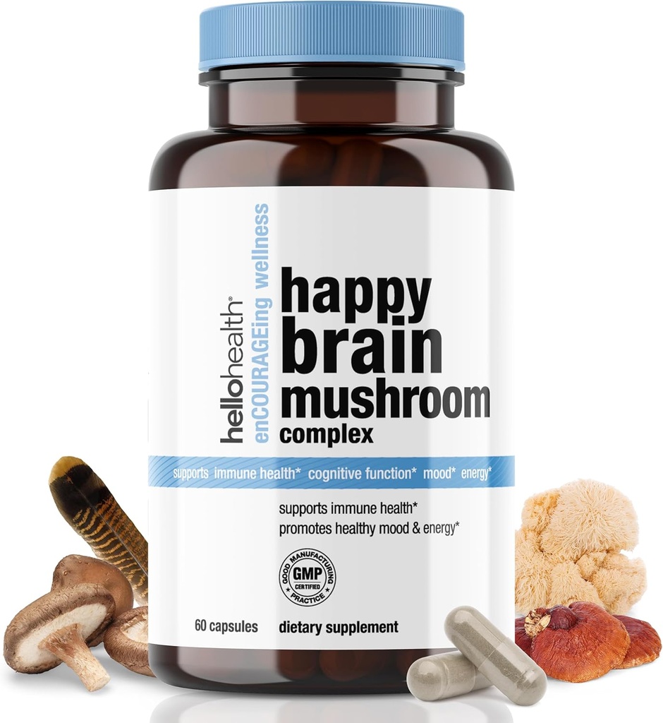 Happy Brain Mushroom Complex Nootropics Brain Supplement, 10 Mushroom Supplement: Lions Mane, Turcja Ogon, Red Reishi, Shiitake Mushrooms for Ulepszony Clarity, Energia, Wsparcie immunologiczne 60ct. 4pk