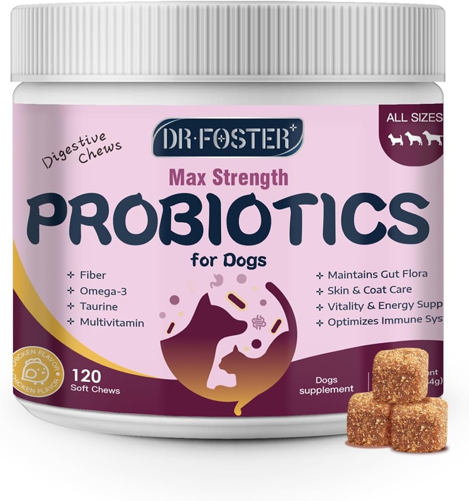 Probiotyki dla psów - Psy Probiotyki dla zdrowia trawiennego, Prebiotyczne, Enzymy trawienne dla psów z dynią, Omega-3, Gut wsparcia, Immune, Biegunka, 120 Soft Chews