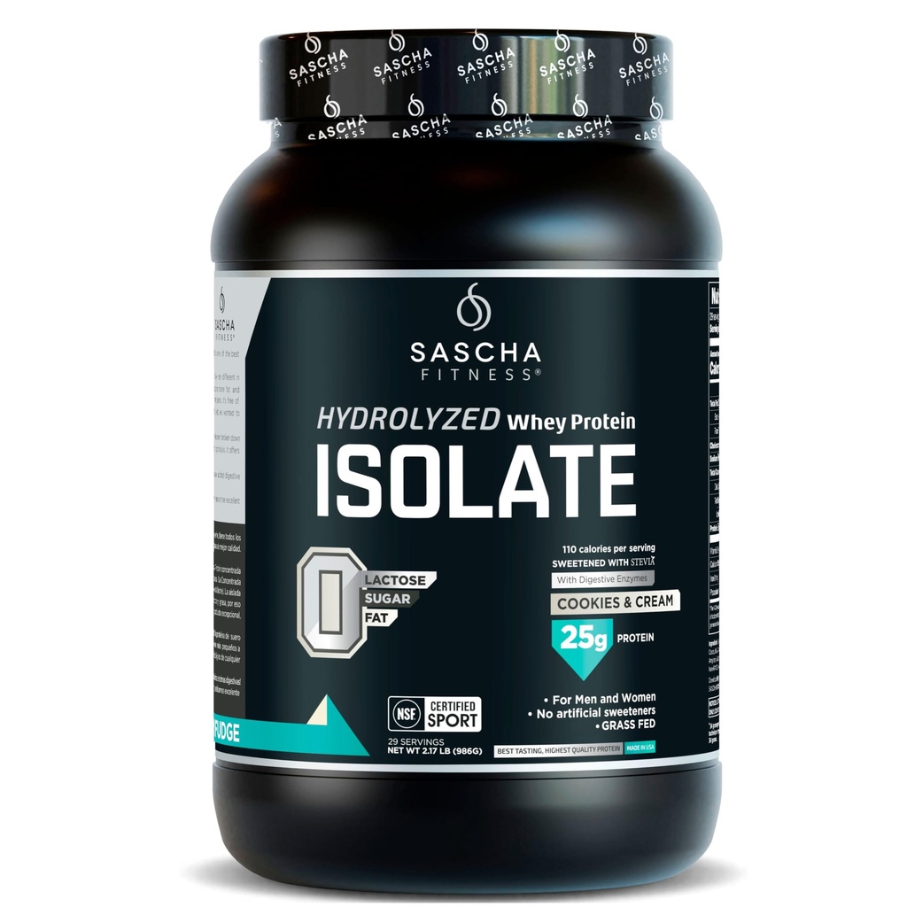 SASCHA FITNESS Zhydrolizowany izolat białka serwatki, 100% Grass- Fed (2 Funty, Cookies & Cream)