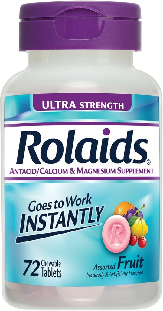 Rolaids Antacid Wapnia & Magnez Suplement Ultra Siła Tabletki, Owoce 72 ea