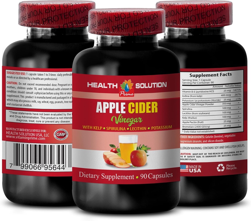 Jabłko Cider Vinegar Hair Products - Jabłko Cider Vinegar Advanced Complex z kelpem, spirulina, lecytyna - Lecytyna kelp b6, Klamath Blue Green Algae, suplement do wsparcia trawienia - 1 butelka 90 Czapki