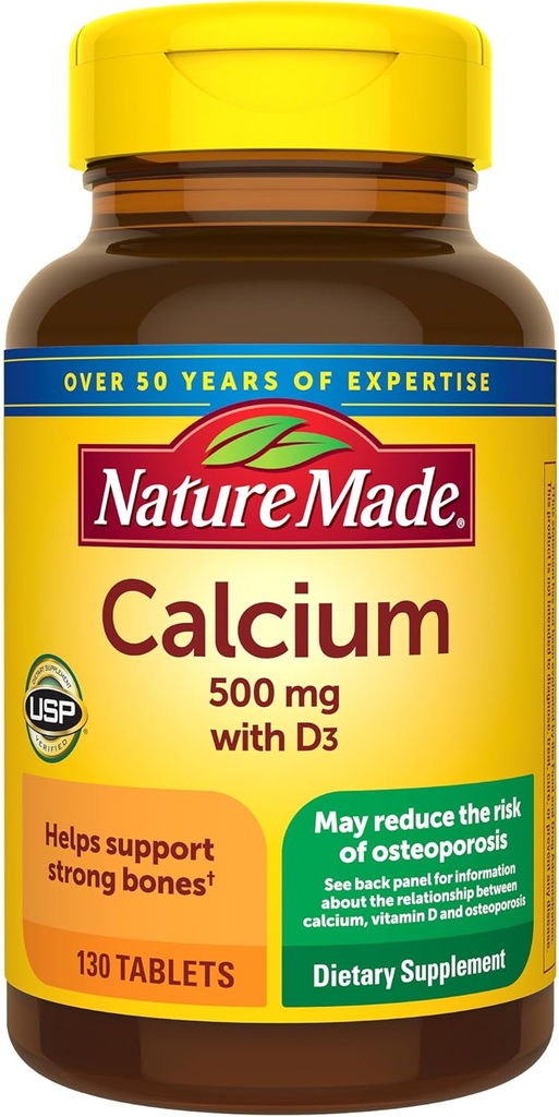 Nature Made Calcium 500 mg z witaminą D3, Suplement diety dla wsparcia kości, 130 tabletek