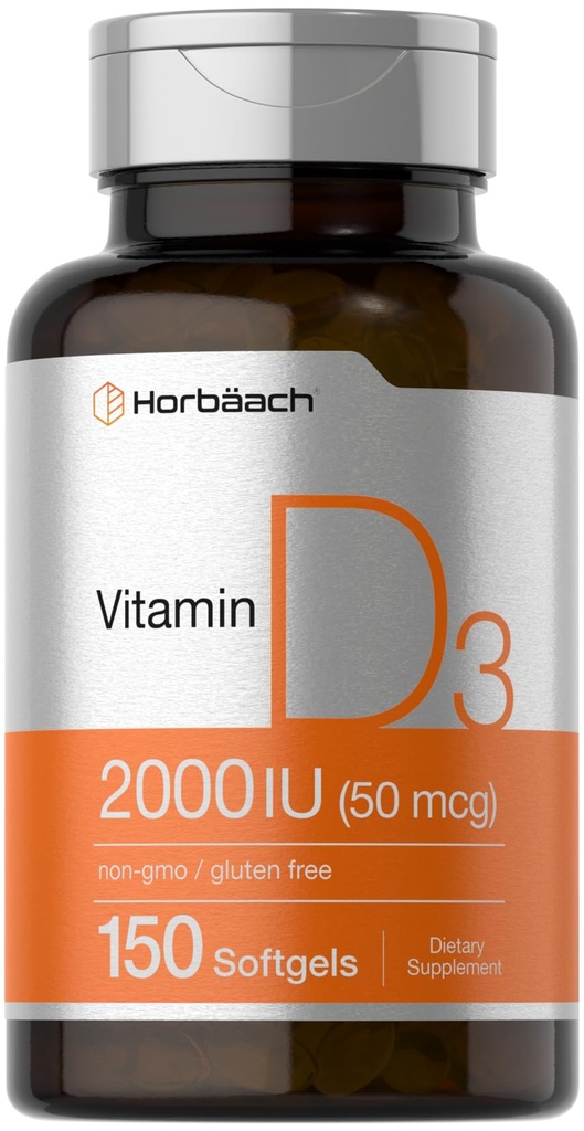 Horbaach witaminy D3 2000IU Softgels 124; 150 Hrabia 124; 50mcg Cholecalciferol 124; Non- GMO & Gluten