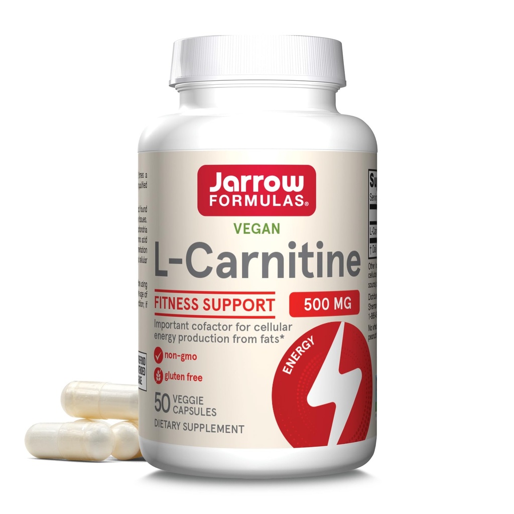 Jarrow Fixas ® L- Carnitine 500 mg, Suplement diety, Wsparcie dla produkcji energii komórkowej, 50 Kapsułki wegetariańskie, 50 Day Supply