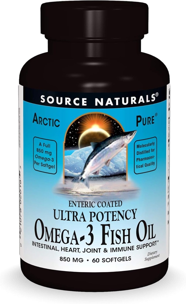 Źródło Naturals ArcticPure Omega-3 Fish Oil 850mg Ultra Pottency EPA + DHA For Heart, Joint, Brain & Immune Health - Enteric Coated For Sensitive Stomachs - 60 Softgels