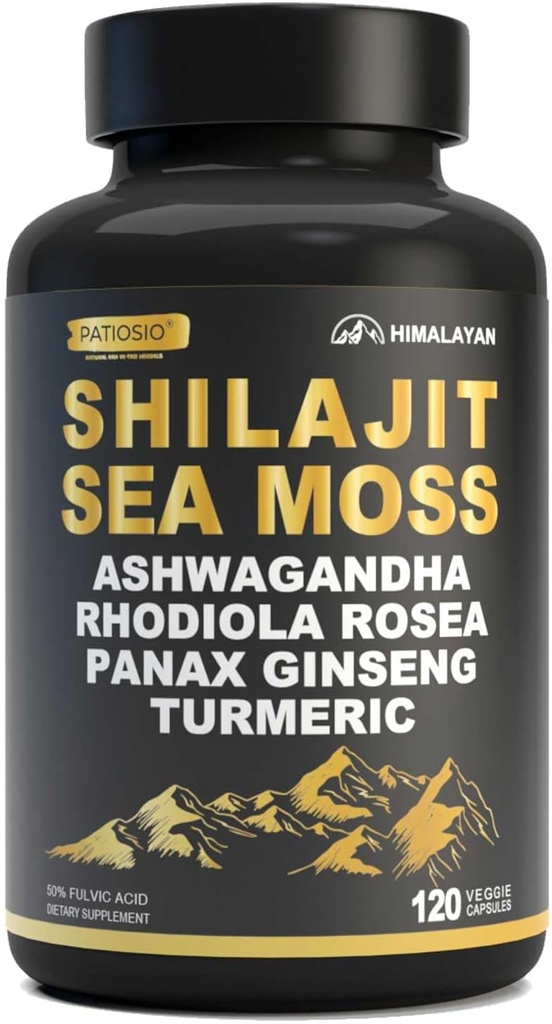 Shilajit kapsułki dla mężczyzn - 50% kwasu Fulvic, 85 + Ślad minerałów Pure Himalayan, Shilajit Resin Extract with Sea Moss, Ashwagandha- for Energy, Stamina -120 kapsułki