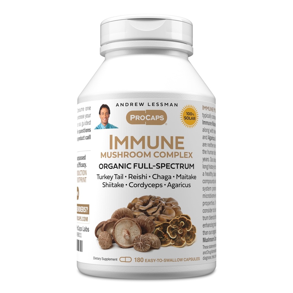 ANDREW LESSMAN Immune Mushroom Complex 180 Kapsułki - Organic Full Spectrum Mieszanka siedmiu grzybów - Wspiera zdrowe funkcje immunologiczne - Brak dodatków. Kompleks grzybów suplement