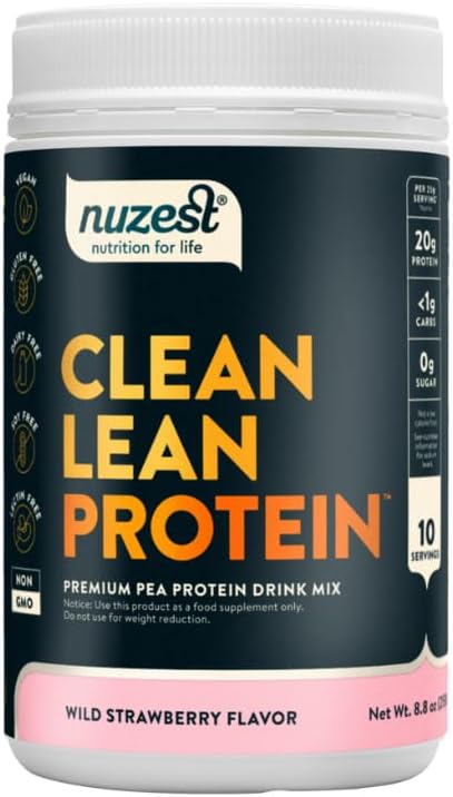 Nuzest - Vegan Pea Protein Powder - Białko czystej wargi, Białko roślin Premium w proszku, Bezmleczny, Bez glutenu, Bez GMO, Wstrząs białka, Dzika truskawka, 10 Słupki, 8.8 oz