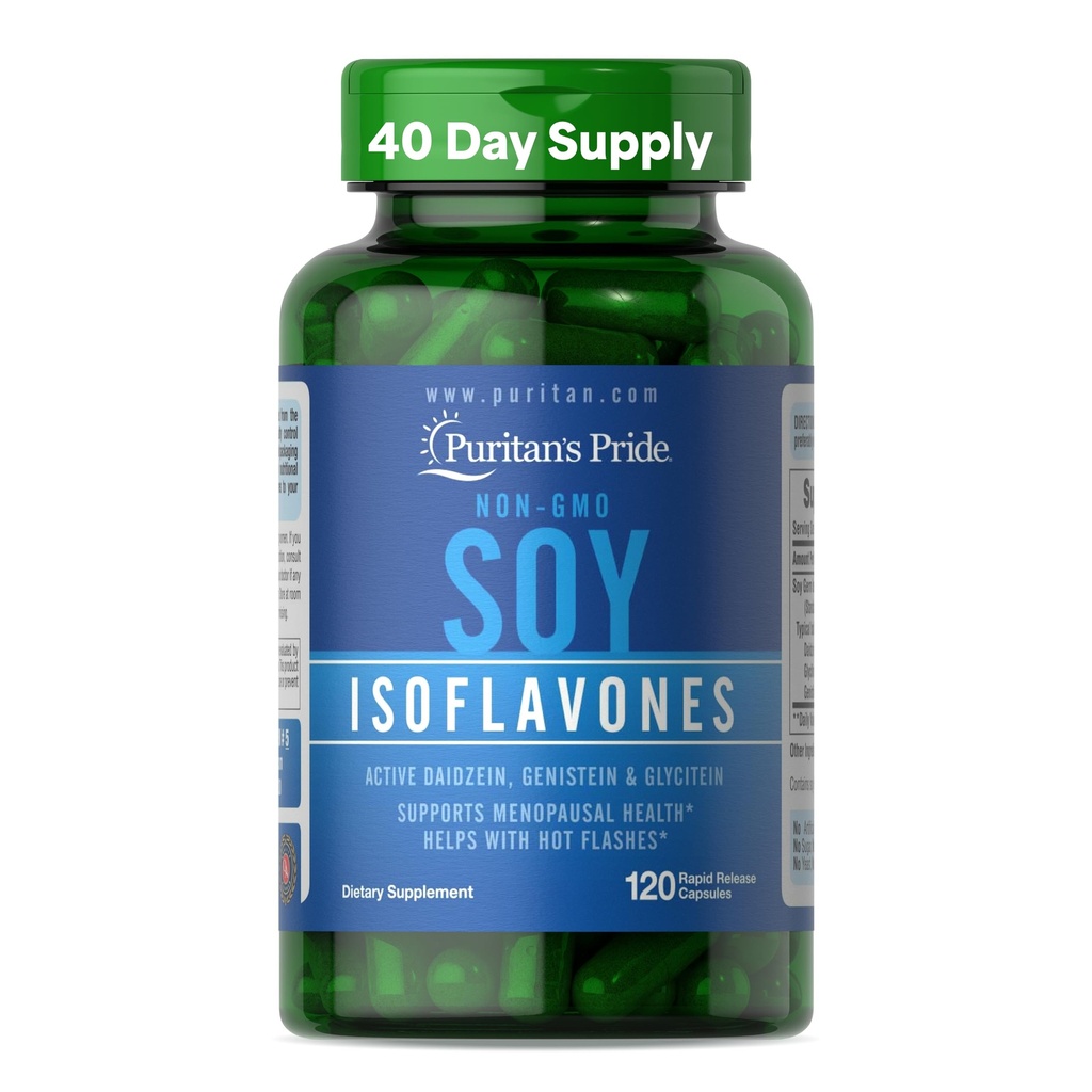 Puritan Pride Non-GMO Soy Isoflavones 750mg, Suplement diety z Active Daidzein, Genistein i Glycitein wspiera menopauzę i gorące błyski, 120 Kapsułki szybkiego uwalniania