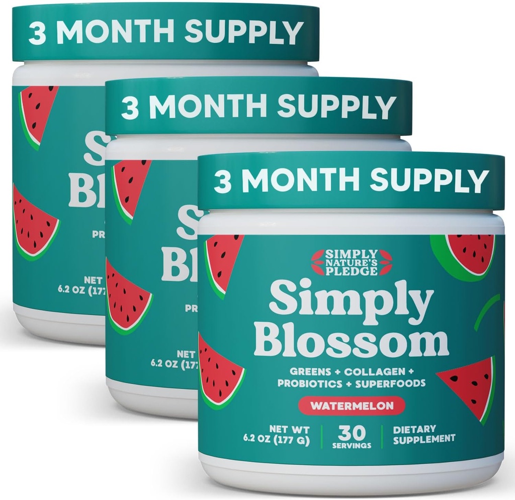 Po prostu Blossom Nutrition Daily Greens & Superfood Powder + Collagen + Probiotyki dla Kobiet Digestive Health & Bloating Relief. Pomoc Twoje zdrowie Bloom - 3 miesięczne dostawy - Arbuz