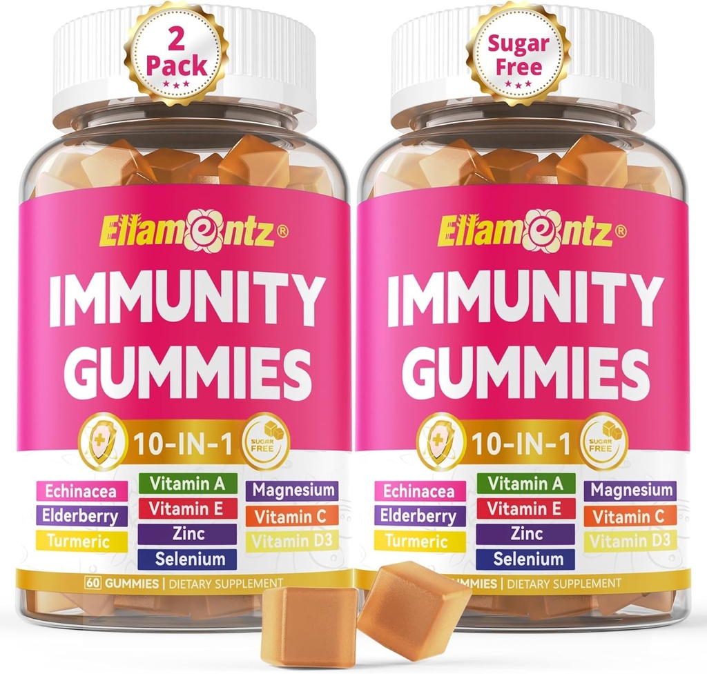 10- In-1 Gummeje immunologiczne z multivitamin, 100% dziennie cynku, witaminy C & D3 suplement odporności + Echinacea, Sambucus Elderberry, Turmeric, Magnezu, Wsparcie immunologiczne, Ogólny Zdrowie, Cukier wolny, 2 Pack