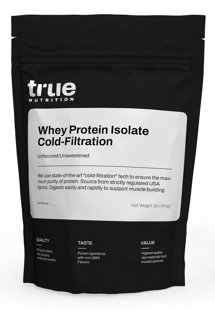True Nutrition - Unflavored Whey Protein Isolate Cold- Filtration -100% Serwatka Protein Powder - 27g Białko na serwowanie - Mieszanki łatwo i smakuje świetnie - Trzecia strona Tested -Unflavored / Unsweetened - 1lb