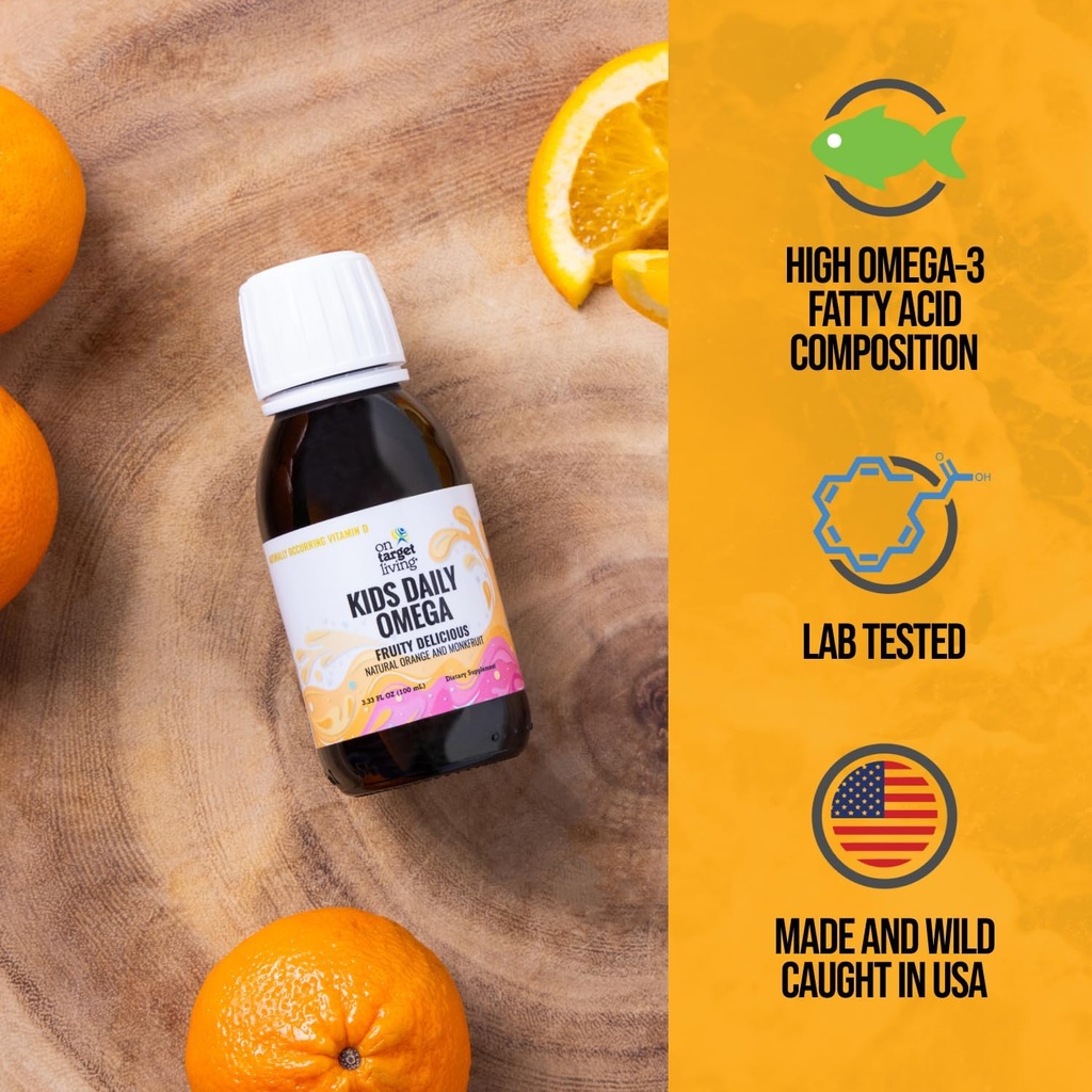 Na target Living Kids Daily Omega - Fruitylicious Flavor 3.33 oz. Xi124; Naturalne pojawianie się witamin A & D 124; Monk Fruit & Orange Flavor 124; Premium Line Caught Cod Liver Oil