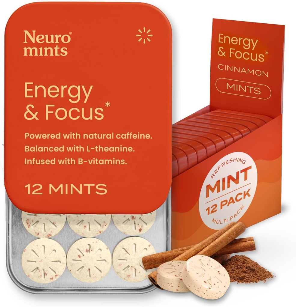 Minty kofeinowe energii NeuroGum (144 części) - Cukier wolny od L- teaniny + naturalnej kofeiny + witaminy B12 & B6 - Energia nootropowa i suplement ogniskowy dla kobiet i mężczyzn - Keto & Vegan, Cynamon Flavor