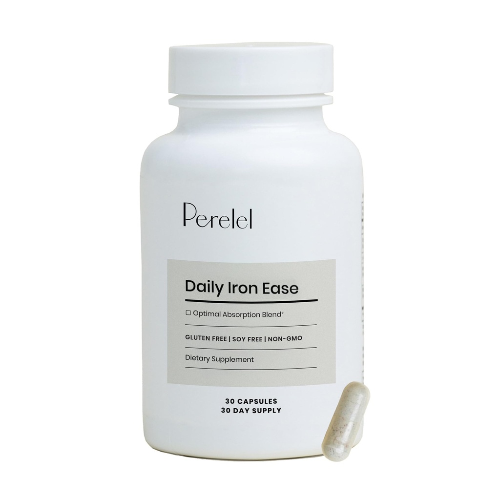 Perelel Daily Iron Ease, 15MG Żelazo Suplementy z Magnezu, Witamina C, & Witamina B12 do żywienia i wsparcia energetycznego, Kapsułki dla kobiet i mężczyzn, Soi, Dairy & Gluten Free, Nie GMO, 30 Tabletki