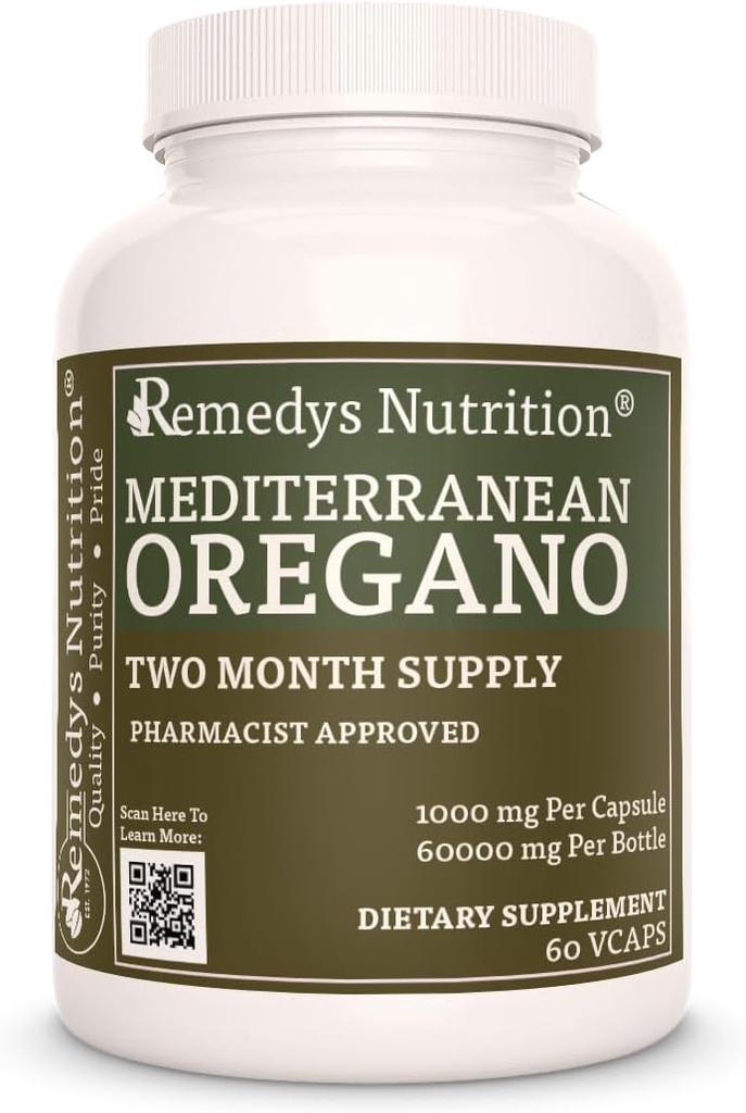 Remedy 's Nutrition Mediterranean Oregano 124; 1000 mg, 60 Kapsułek Wegańskich Ziołowych Suplementów Dietetycznych 124; Dwa miesiące Dostawy