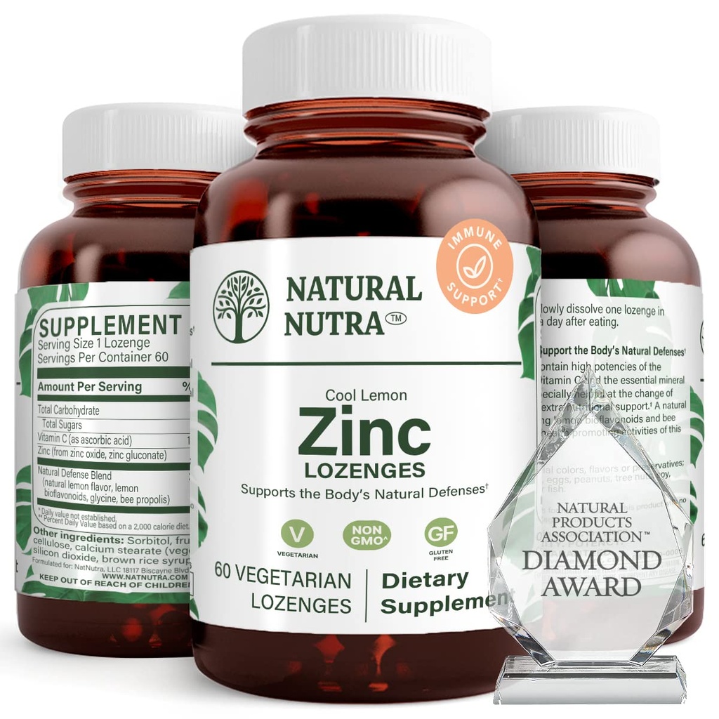 Natural Nutra Cynk Lozenges z witaminą C, Lemon Flavor, Wsparcie immunologiczne, System nerwowy i wytrzymałość kości, Uformowane z bioflavonoids i Bee Propolis, Glukonian cynku podjęzykowego, 60 Wegetarianin