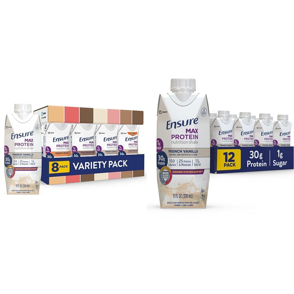 Zapewnić Max Protein Nutrition Shakes, Variety Pack, Z 30g białka & Max Protein Nutrition Shake z 30g białka, 1 g cukru, Wysokie Protein Shake, Francuski Vanilla, Płyn, 11 fl oz (Opakowanie po 12)