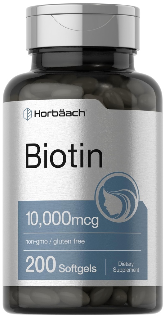 Horbaach Biotin 10000 µg ↓ 124; 200 Softgels z witaminą B7 ↓ 124; Beauty Formula Supplement ↓ 124; Non-GMO & Gluten Free