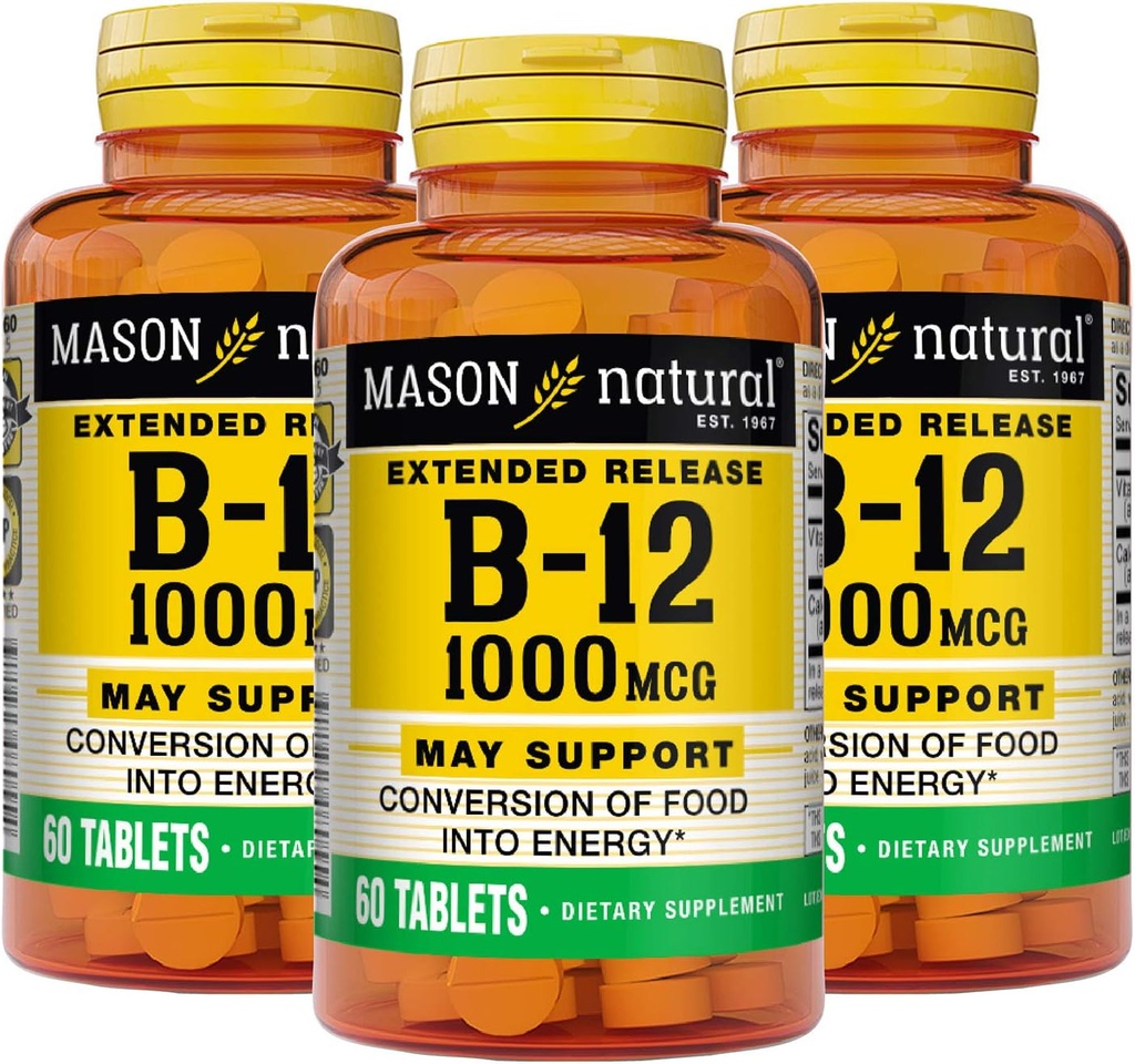 MASON NATURAL B- 12 1000Mcg Cyanokobalamina Rozszerzone tabletki uwalniające, 60- liczenie butelek (opakowanie po 3)