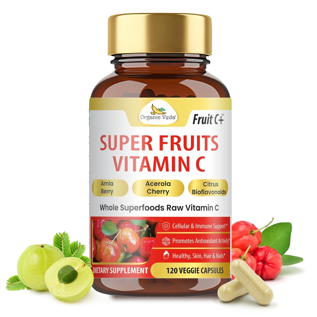 Organic Veda Superfruits Witamina C Kapsułka z Acerola Cherry & Amla Berry - Whole Food Natural witaminy C Suplement z Citrus Bioflavonoids dla odporności, Cellular & Skin Health - 120 Vegan Pills