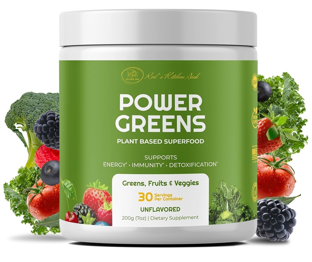 Czerwona kuchnia Sink Power Greens Proszek - Codzienne Zielone Superfood Proszek - Owoce, Veggie, & Zielony koktajl liofilizacyjny koktajl Mix - Superfoods Maca Root, Spirulina, Chlorella, & Więcej (200 gramów)
