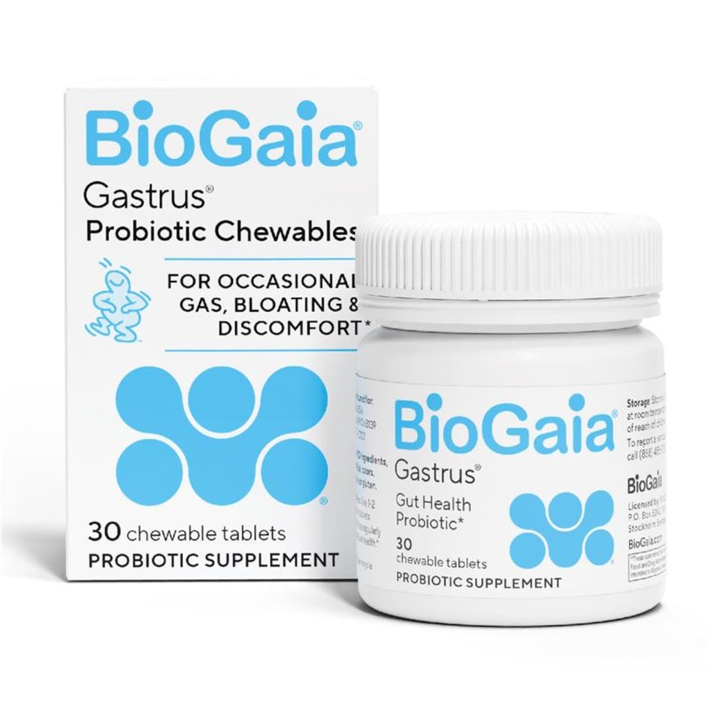 BioGaia Gastrus Gut Health Probiotic Agreement 124; Eases Abdominal Discomfort, Gas & Bloating Agreement 124; Promotes Regularity & a Healthy Gut Agreements 124; Contributions to a Balanced Microbiome Agreement 124; Backed by 30 Years of Research