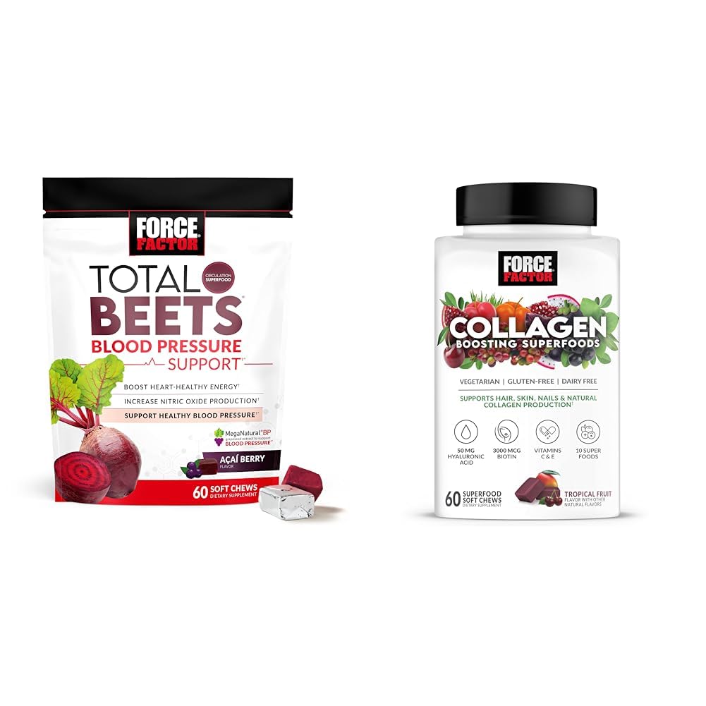 Siła Czynnik Total Beets Blood Pressure Support 60 Chews and Collagen Boosting Superfoods 60 Soft Chews for Heart Health, Skin, Hair, and Nails