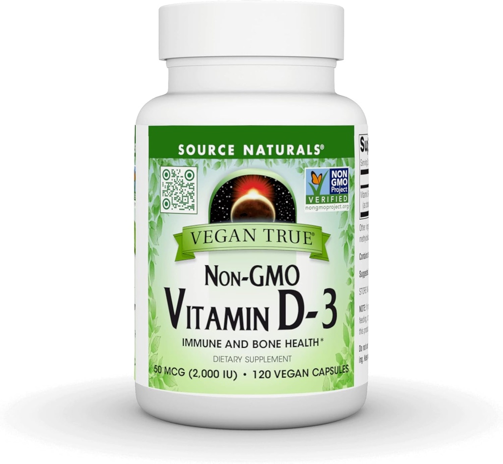 Źródło Naturals Vegan True, Witamina D- 3 niezmodyfikowana genetycznie, Suplement diety dla zdrowia immunologicznego i kości *, 2000 IU - 90 Kapsułki