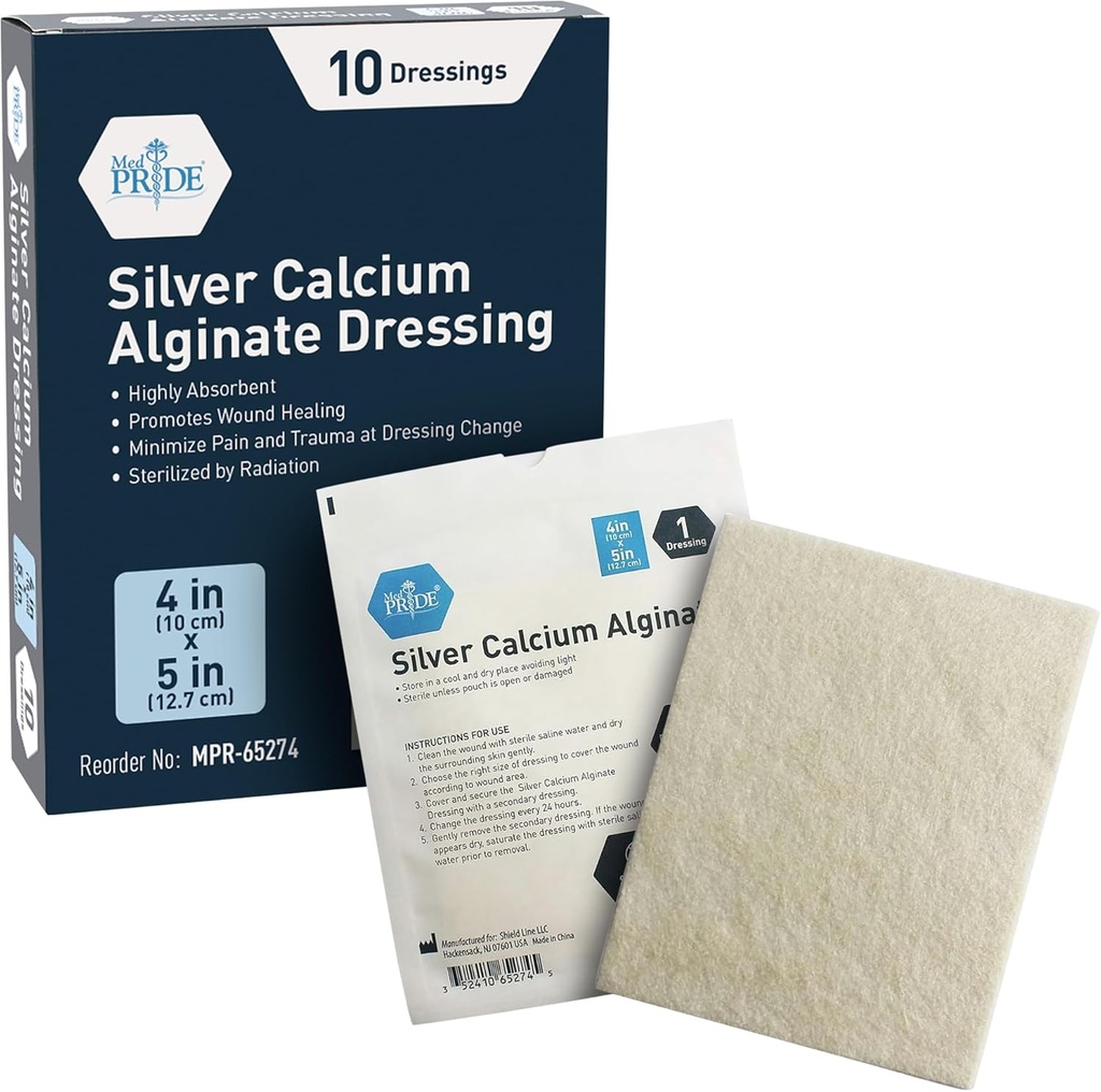 MED PRIDE Srebrny Alginat Wapnia opatrunek, 10- Pack 124; Wysokie Absorbent, Nonstick, Seaweed, Easy Removal (4 "x 5" Srebro)