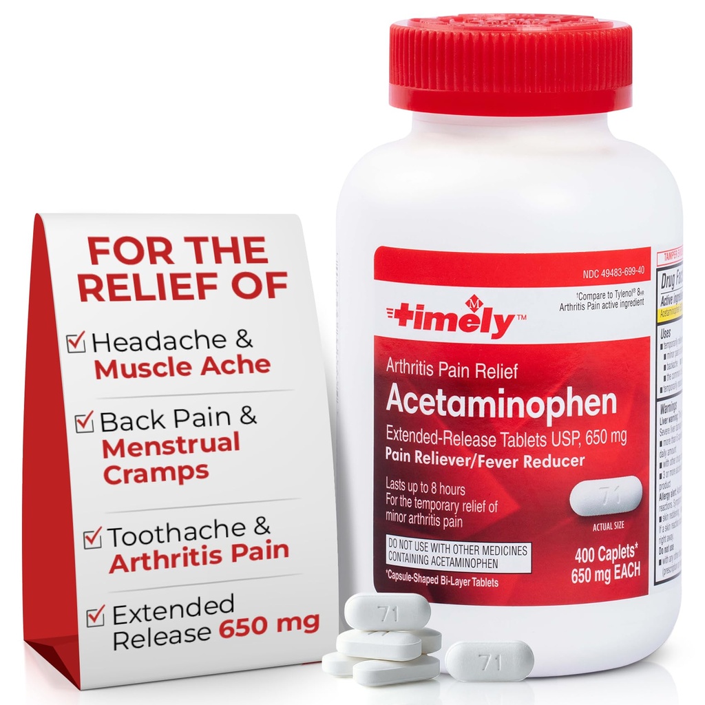 LABS TYME- CAP, INC. Acetaminofen 650 MG - 400 Cappets - Rozszerzone uwalnianie - Odporność na ból stawów, Odporność na ból i zapalenie stawów