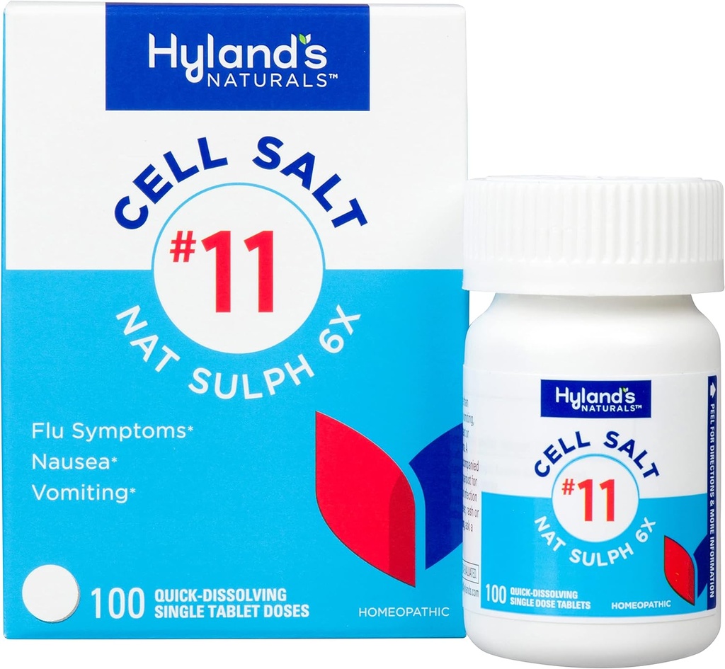 Hyland 's No. 11 Cell Salt Nat Sulph 6X Tablets, Cold and Flu Medicine, Nudności Relief, Szybkie rozpuszczenie Tablets, 100 Count