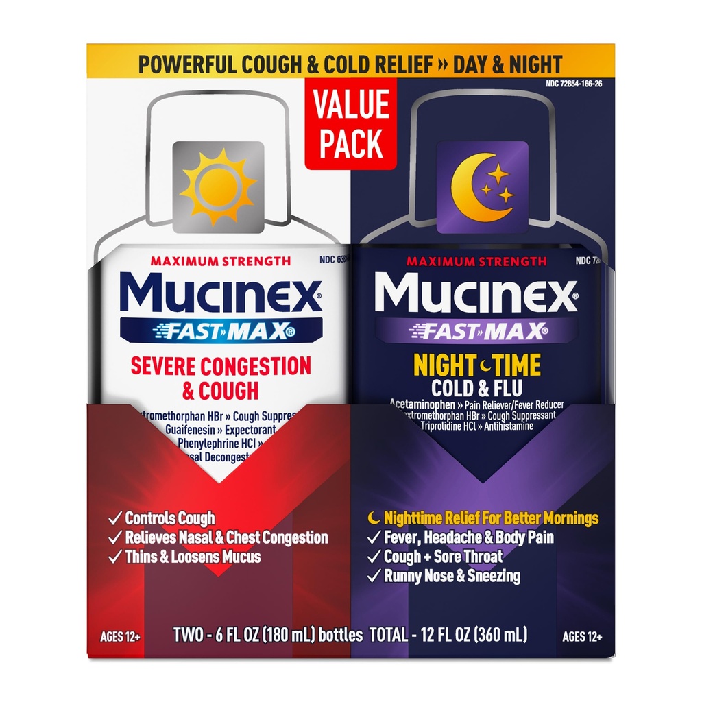 Mucinex Fast- Max & NightShift Combo Pack - Max Force Cough & Cold Medicines For Mucus Relief, Chest Congestion, Nasal Congestion, Sinus Pressure, Cough Symptom Relief (2x 6 FL OZ)