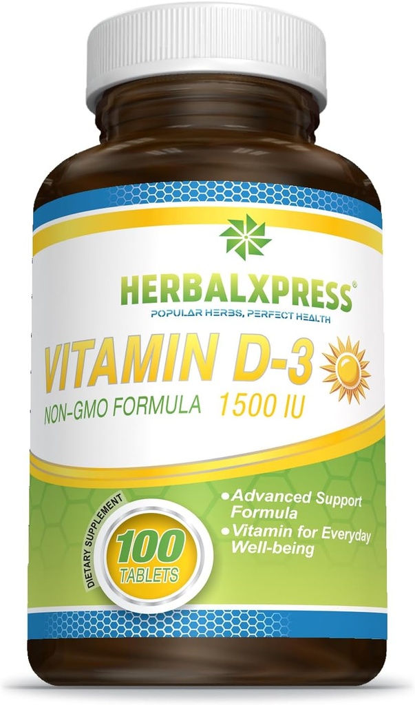 Herbalxpress Vitamin D (as cholecalciferol) 1,500 IU (100 Tablets) is The Perfect Addition to a Healthy Lifestyle, Bones, Teeth, Muscles, Immune Function, and Well-Being, Non-GMO and Gluten-Free.