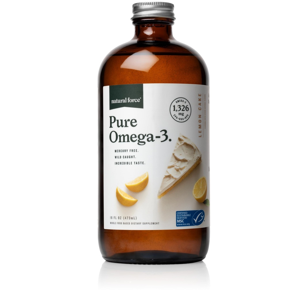 Natural Force Pure Omega 3 - Liquid Fish Oil - Delicious Lemon Cake Flavor - Mercury Free, Wild Caught, Lab Tested - 1,326 mg Trigliceryde EPA, DHA, & DPA - 16 Oz Butelka szklana