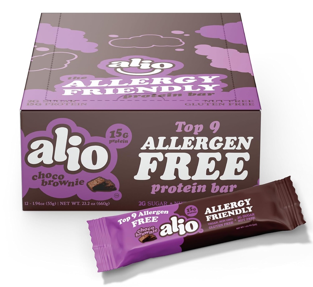 Alio Protein Bars - Choco Brownie (12 Barów) - Free From The Top 9 Food Allergens, Wysokie Białko, Low- Calorie, Wegan, Gluten- Free, Nut- Free, Non- GMO, Plant- based, Seed Oil Free, Pyszne i zdrowe przekąski