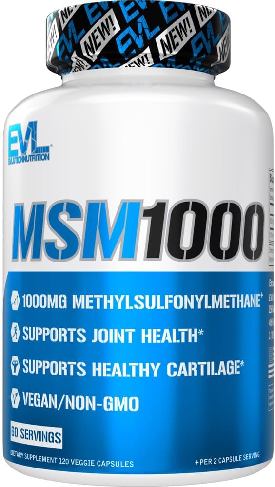 Evlution Nutrition MSM1000- 1000 MG Suplement metylosulfonylometanu - Wspólne wsparcie zdrowotne - Suplement do chrząstki - Vegan + Non-GMO MSM kapsułki - 60 Służenie