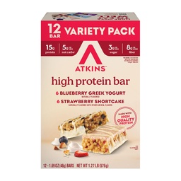 Atkins Blueberry grecki Jogurt & Truskawka Shortcake High Protein Bar, High Fiber, Keto Friendly, 12 Count (6 Barów każdego smaku)