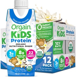 Orgain Organic Kids Nutritional Protein Shake, Vanilla, Healthy Kids Snacks, 8g Dairy Protein, 3g Fiber, 22 Vitamin & Minerals, No Soy składniki, Gluten Free, Non-GMO, 8.25 Fl Oz (Opakowanie 12)