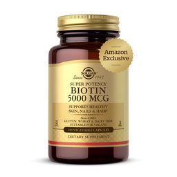 Solgar Biotin 5000 µg - Wspiera zdrową skórę, paznokcie i włosy - Wspiera produkcję i metabolizm energii - Witamina B - Nie-GMO, Wegan, Gluten Free - 180 Count