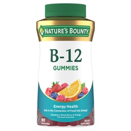 Nature 's Bounty Witamina B12 Gummies, Suplement diety, Wspomaga metabolizm energii i zdrowie układu nerwowego, Mieszany aromat jagód, 500µg, 90 Gummies