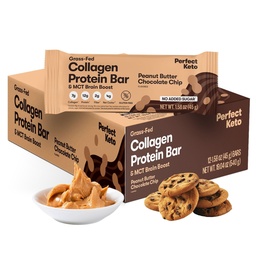 Perfect Keto Collagen Protein Bar, Gluten Free Grass Fed Collagen + MCT Olej, niskokaloryczne, bez cukru dodawane, wysokobiałkowe przekąski, Keto dietetyczne pożywienie, 13g białka, 18g tłuszczu, 3g netto węglowodanów, masło orzechowe czekoladowe Chip, 12 barów