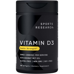 Sports Research Witamina D3 2000 IU z oleju kokosowego MCT - Podwójna Siła Suplement Witaminy D - NieGMO Zweryfikowane, Gluten & Soy Free - 50mcg, 360 Płynne Softgels