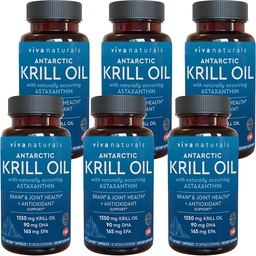 Viva Naturals Antarctic Krill Oil 1250 mg, Omega 3 EPA DHA i Astaksantyna, Joint Support and Brain Supplement with Antioksydant Properties, No Fishy Aftersmast (Pack of 6)