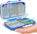 Travel Pill Organizator - Wilgotny Dowód Przenośny Witamina Holder z 7 Komory, Compact Supplement Case for Purse Essential Medicine Kit fot Traveling Pocket Pharmacy z etykietami, Niebieski
