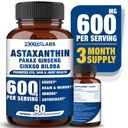 Astaksantyna 15 mg + Panax Ginseng, Ginkgo Biloba Suplementy, 90 Kapsułek wegańskich, Promotes Eye Health Energy, Wsparcie sercowo-naczyniowe + Immune Defense and Focus