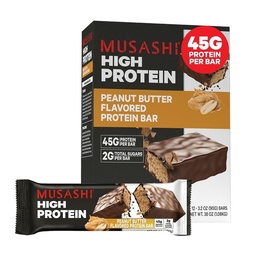 Musashi High Protein Bar, 45g Protein, 2g Sugary ogółem, Masło orzechowe i Mleko Czekolada Powleczone, Warsztaty post i Przekąski białka w drodze, 12 Opakowanie 3.2oz (90g) Bary