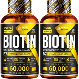 Biotin & Kolagen PURE do badań NAUKOWYCH 60,000mcg Płynne krople do wzrostu włosów, wsparcie: silne paznokcie, połysk skóry, zdrowy wzrost włosów, więcej wchłaniania niż kapsułki i tabletki (4Fl Oz)